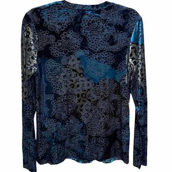 Chico’s Burnout Velvet Floral Top Size 1 M Teal Black Long Sleeve phoebe buffet - Picture 2 of 8